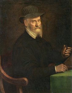 Portret Giulio Clovio (1498-1578), miniaturowego artysty, trzymającego miniaturę uważaną za artystę Lavinia Teerlinks (fl.1545-70), 1556